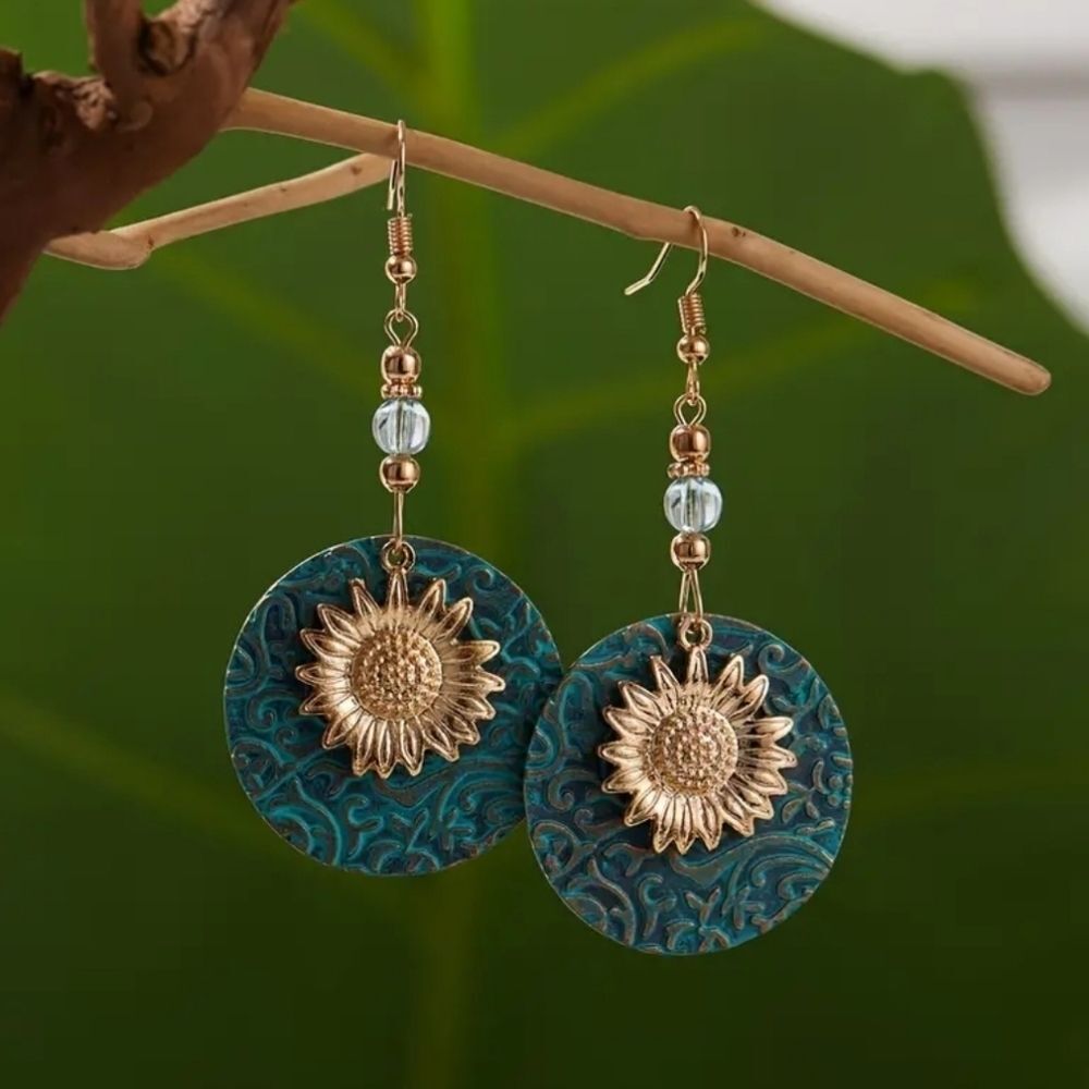 sunflower earrings turquoise and gold tone